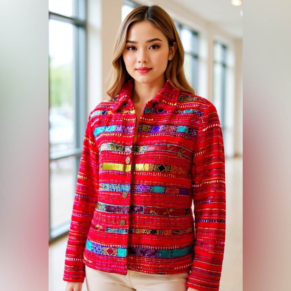 Coldwater Creek Red Patchwork Bohemian Blazer Siz… - image 1